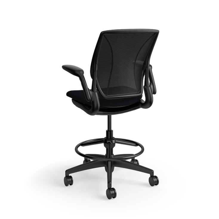 Humanscale World LM counter-height stool in black seat and black frame, three-quarter view