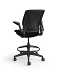 Humanscale World LM counter-height stool in black seat and black frame, three-quarter view
