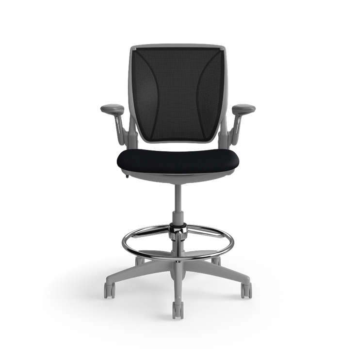 Humanscale World LM counter-height stool in black seat and gray frame, side view