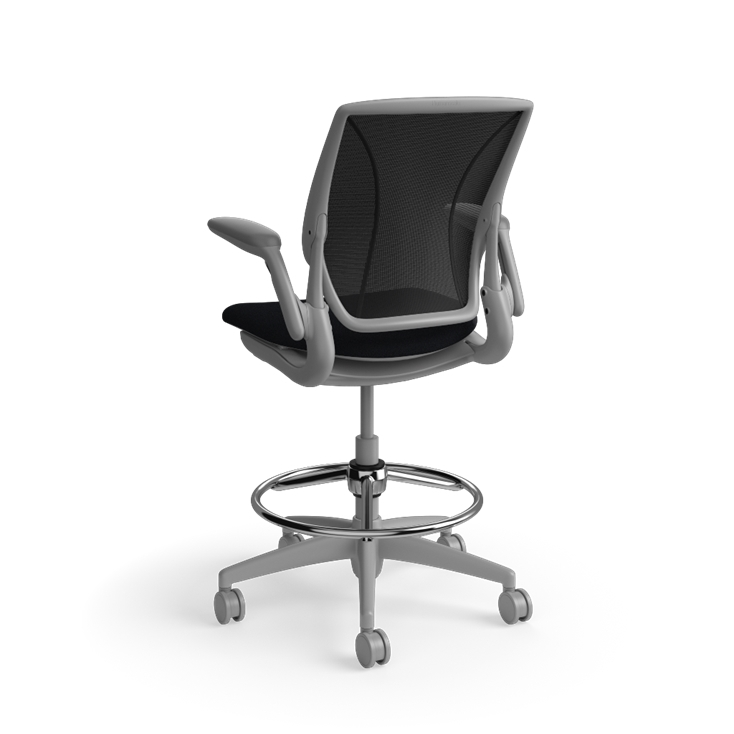 Humanscale World LM counter-height stool in black seat and gray frame, three-quarter view