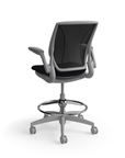 Humanscale World LM counter-height stool in black seat and gray frame, three-quarter view