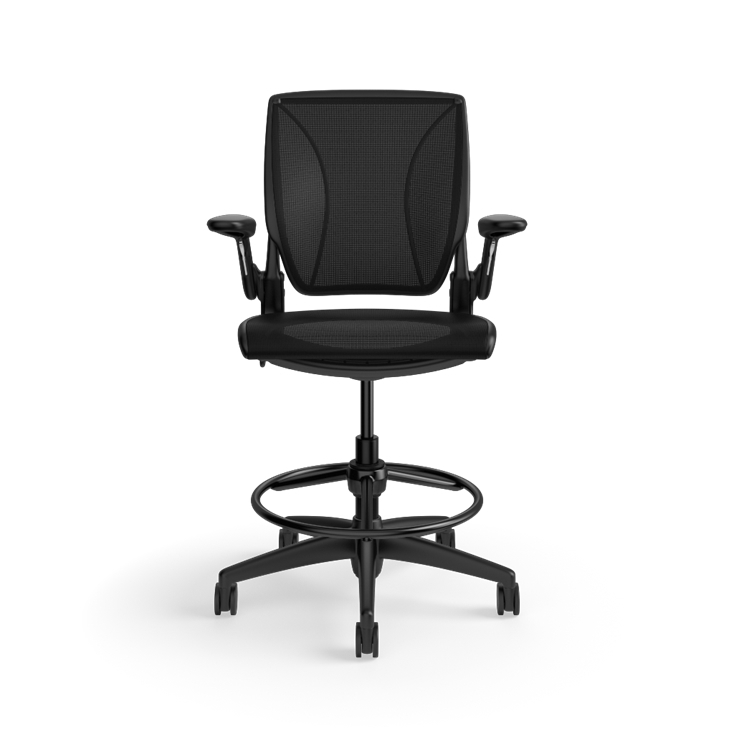 Humanscale World LM mesh back counter-height stool in black seat and black frame, side view