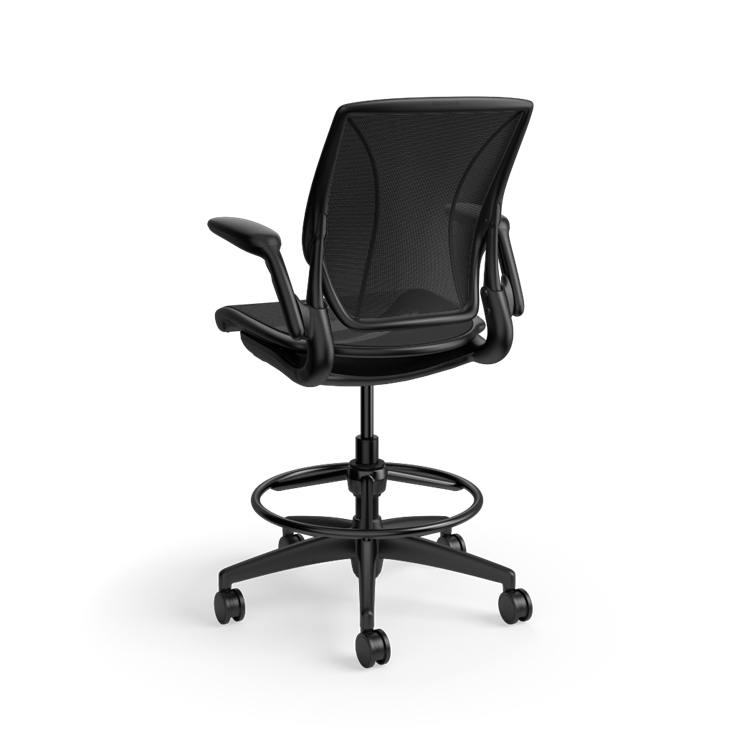 Humanscale World LM mesh back counter-height stool in black seat and black frame, three-quarter view