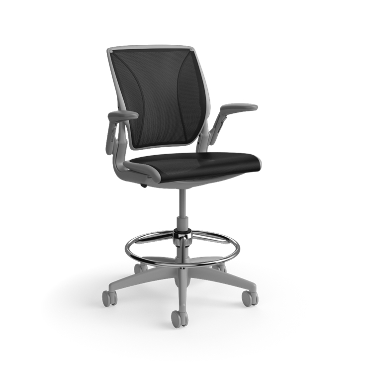 Humanscale World LM mesh back counter-height stool in black seat and gray frame, front view