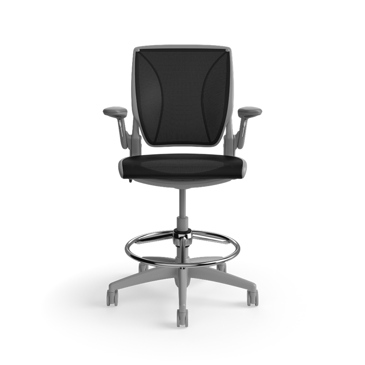 Humanscale World LM mesh back counter-height stool in black seat and gray frame, side view