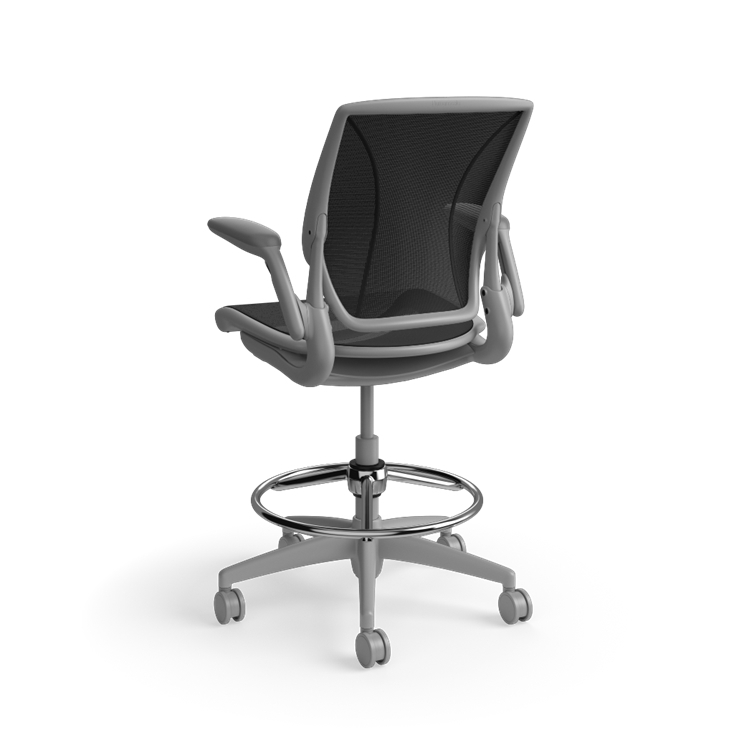 Humanscale World LM mesh back counter-height stool in black seat and gray frame, three-quarter view