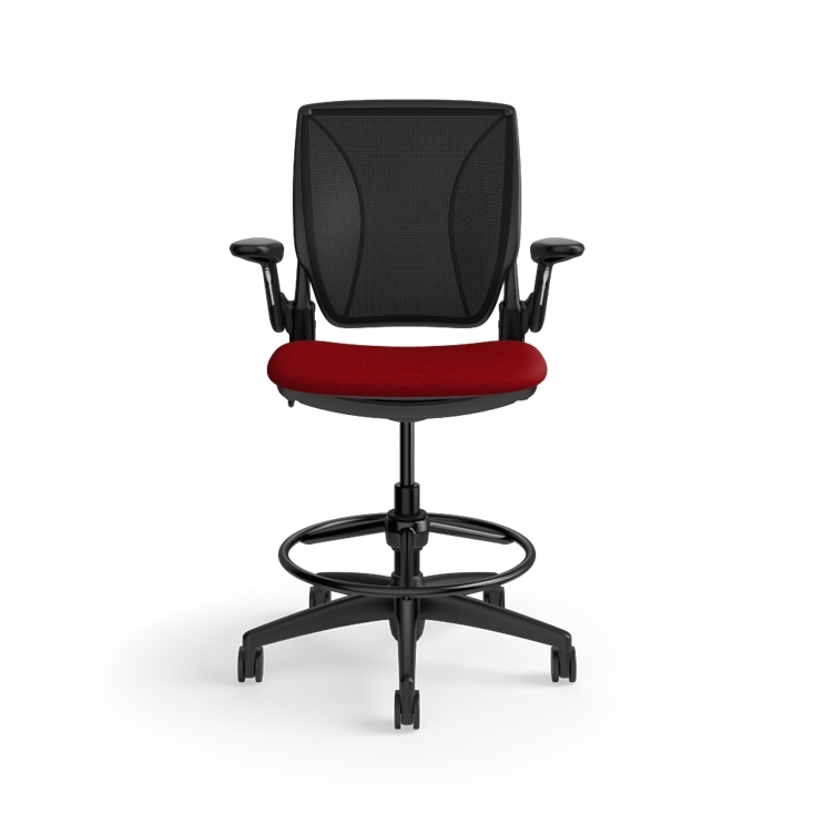 Humanscale World LM counter-height stool in parma red seat and black frame, side view