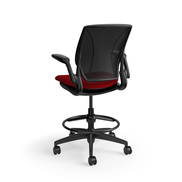 Humanscale World LM counter-height stool in parma red seat and black frame, three-quarter view