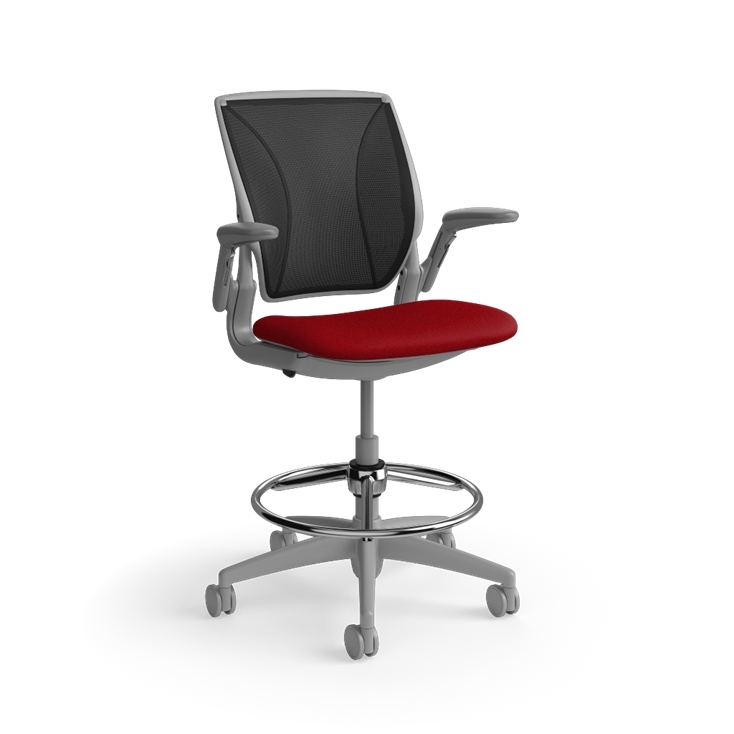 Humanscale World LM counter-height stool in parma red seat and gray frame, front view