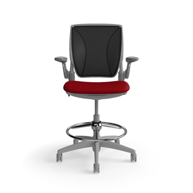 Humanscale World LM counter-height stool in parma red seat and gray frame, side view