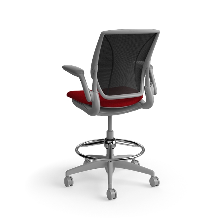 Humanscale World LM counter-height stool in parma red seat and gray frame, three-quarter view