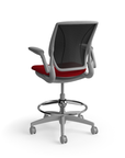 Humanscale World LM counter-height stool in parma red seat and gray frame, three-quarter view