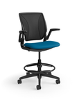 Humanscale World LM counter-height stool in peacock seat and black frame, front view