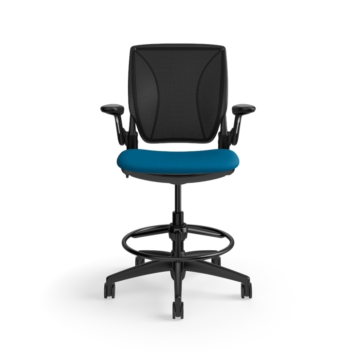 Humanscale World LM counter-height stool in peacock seat and black frame, side view