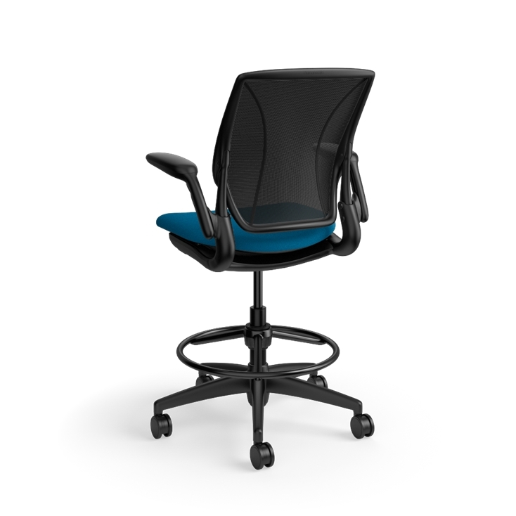 Humanscale World LM counter-height stool in peacock seat and black frame, three-quarter view