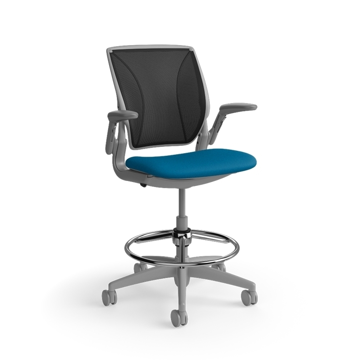 Humanscale World LM counter-height stool in peacock seat and gray frame, front view