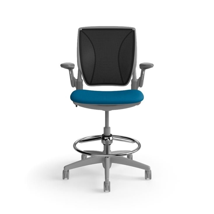 Humanscale World LM counter-height stool in peacock seat and gray frame, side view