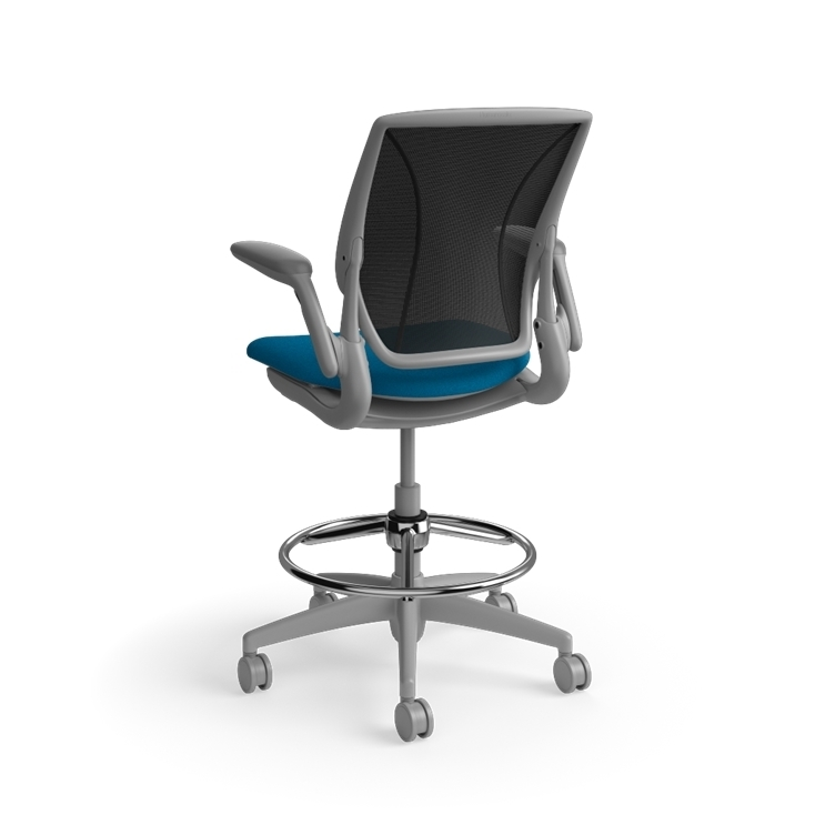 Humanscale World LM counter-height stool in peacock seat and gray frame, three-quarter view