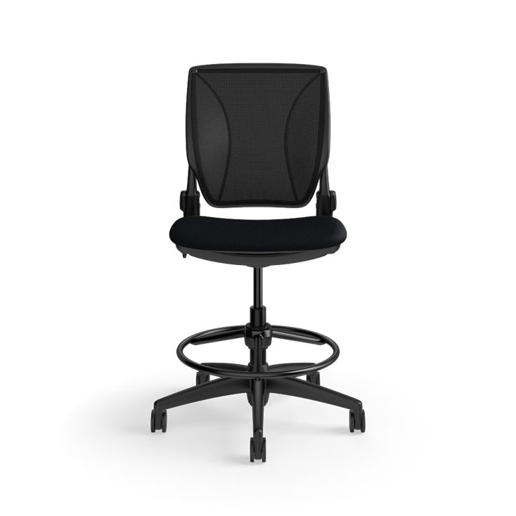 Humanscale World LM stool in black seat and black frame, front view. Kansas City Office Design.
