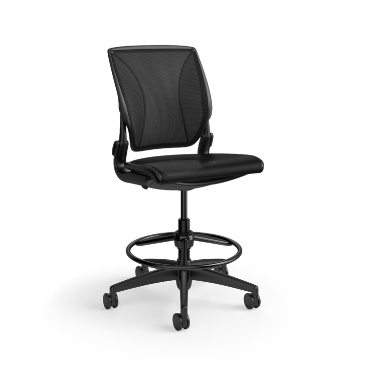 Humanscale World LM stool in black mesh seat and black frame, front angled view. Kansas City Office Design.