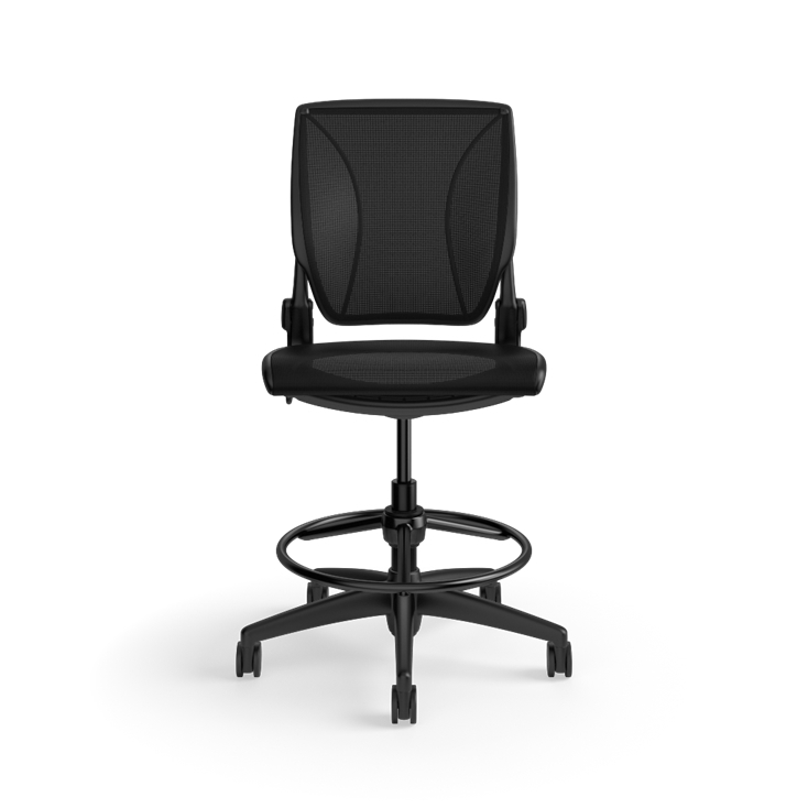 Humanscale World LM stool in black mesh seat and black frame, front view. Kansas City Office Design.