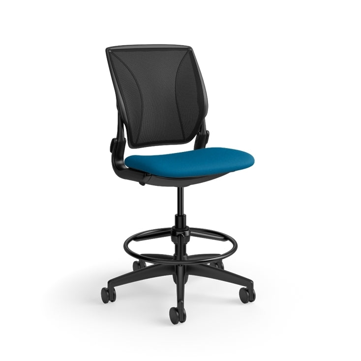 Humanscale World LM stool in peacock seat and black frame, front angled view. Kansas City Office Design.