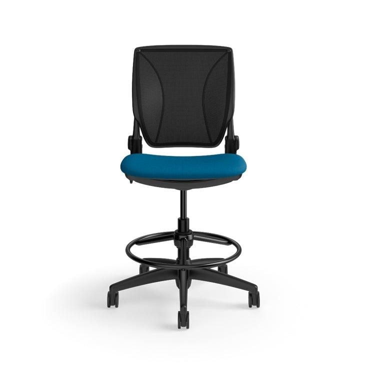Humanscale World LM stool in peacock seat and black frame, front view. Kansas City Office Design.