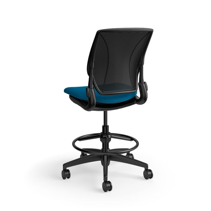 Humanscale World LM stool in peacock seat and black frame, back view. Kansas City Office Design.
