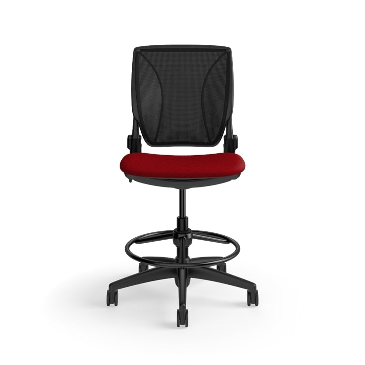 Humanscale World LM stool in red seat and black frame, front view. Kansas City Office Design.