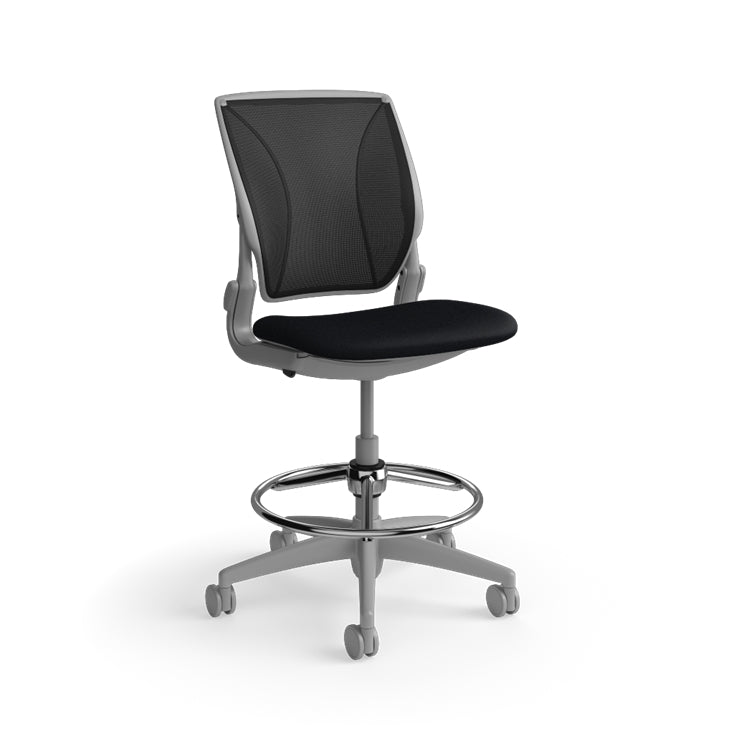 Humanscale World LM stool in black seat and gray frame, front angled view. Kansas City Office Design.