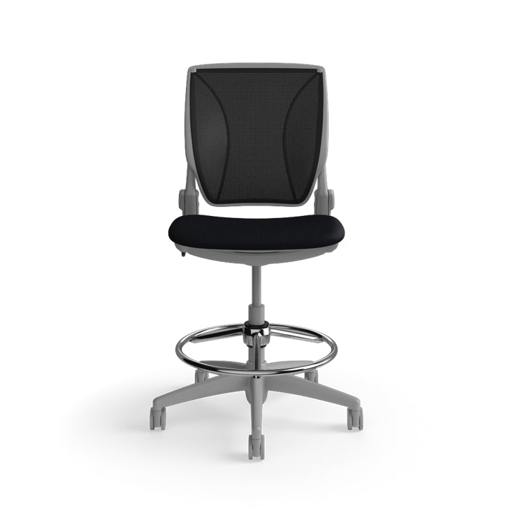 Humanscale World LM stool in black seat and gray frame, front view. Kansas City Office Design.