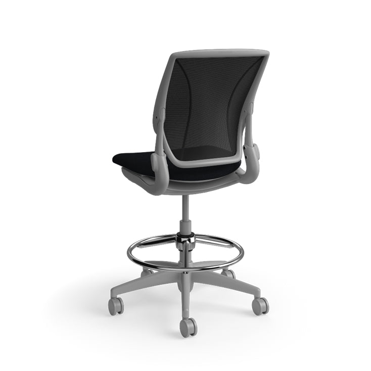 Humanscale World LM stool in black seat and gray frame, back view. Kansas City Office Design.
