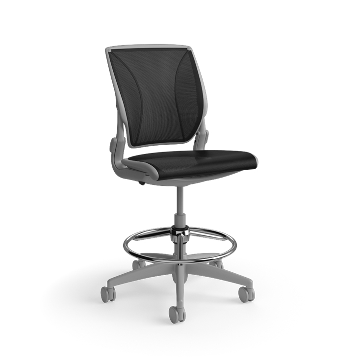 Humanscale World LM stool in black mesh seat and gray frame, front angled view. Kansas City Office Design.