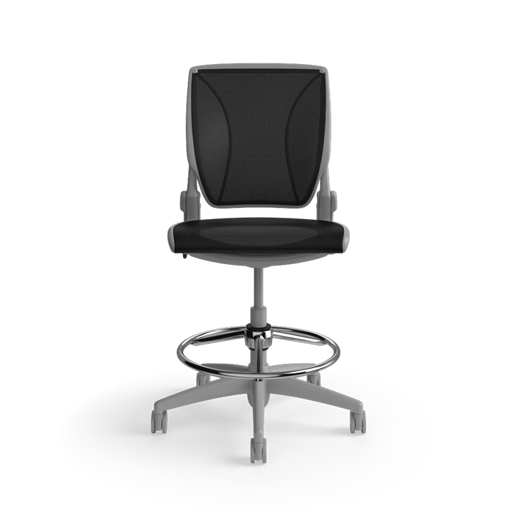 Humanscale World LM stool in black mesh seat and gray frame, front view. Kansas City Office Design.
