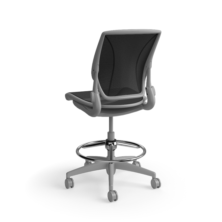 Humanscale World LM stool in black mesh seat and gray frame, back view. Kansas City Office Design.