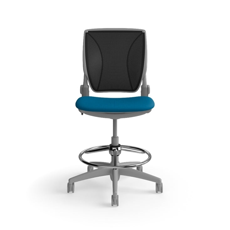Humanscale World LM stool in peacock seat and gray frame, front view. Kansas City Office Design.