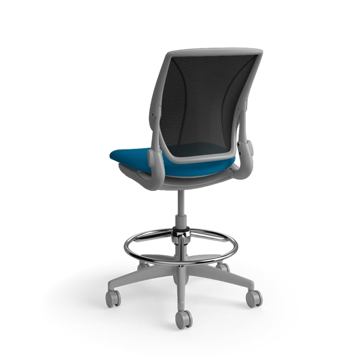Humanscale World LM stool in peacock seat and gray frame, back view. Armless. Kansas City Office Design.