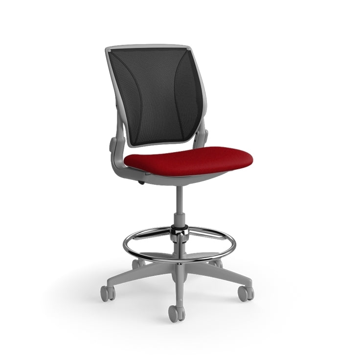 Humanscale World LM stool in red seat and gray frame, front angled view. Armless. Kansas City Office Design.