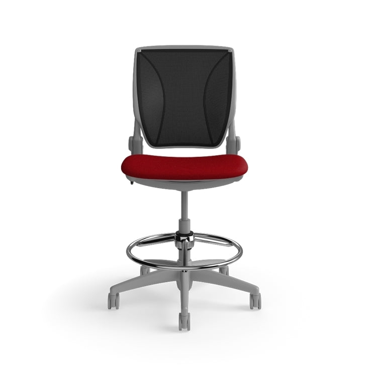 Humanscale World LM stool in red seat and gray frame, front view. Armless. Kansas City Office Design.