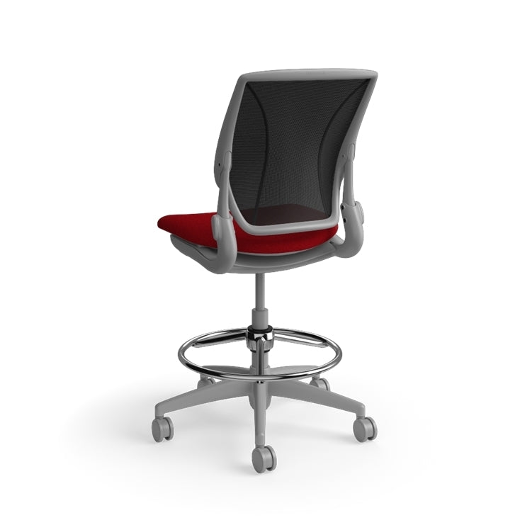 Humanscale World LM stool in red seat and gray frame, back view. Armless. Kansas City Office Design.