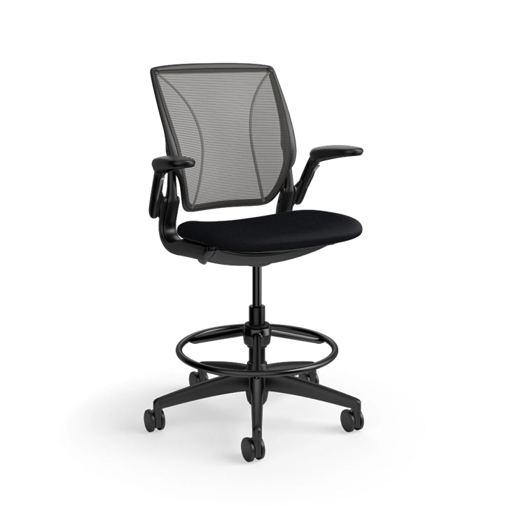 Humanscale World Stool with black mesh, black frame, black fabric seat, side view. Kansas City Office Design
