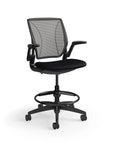 Humanscale World Stool with black mesh, black frame, black fabric seat, side view. Kansas City Office Design