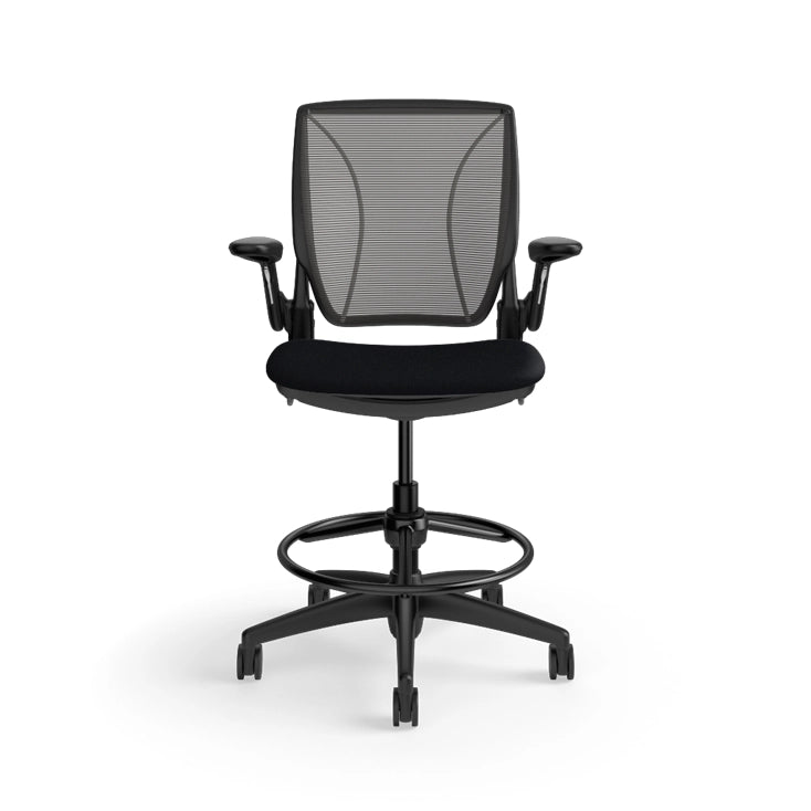 Humanscale World Stool with black mesh, black frame, black fabric seat, front view. Kansas City Office Design