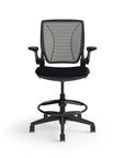 Humanscale World Stool with black mesh, black frame, black fabric seat, front view. Kansas City Office Design