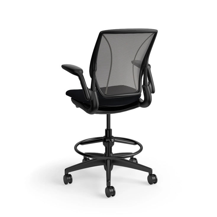 Humanscale World Stool with black mesh, black frame, black fabric seat, back view. Kansas City Office Design