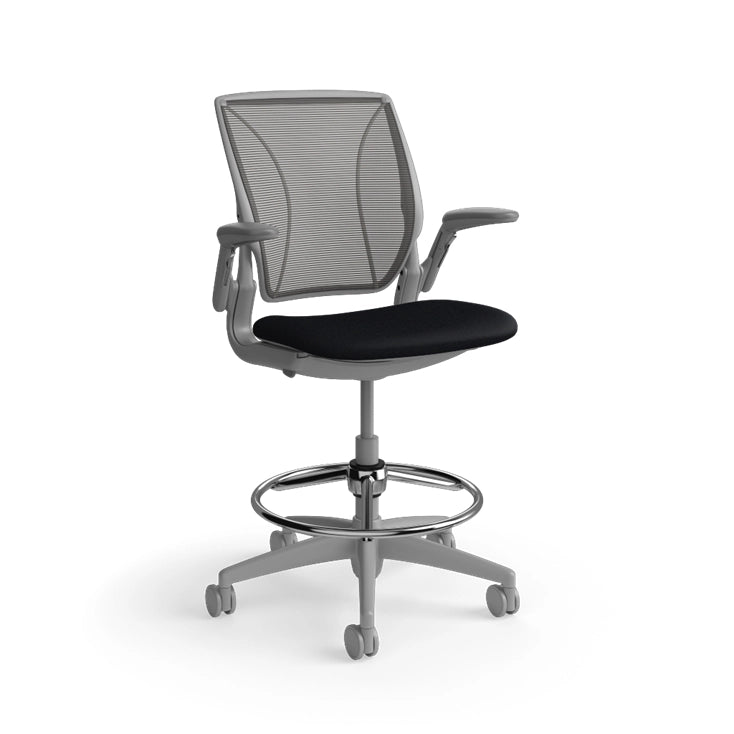 Humanscale World Stool with black mesh, gray frame, black fabric seat, side view. Kansas City Office Design