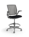 Humanscale World Stool with black mesh, gray frame, black fabric seat, side view. Kansas City Office Design
