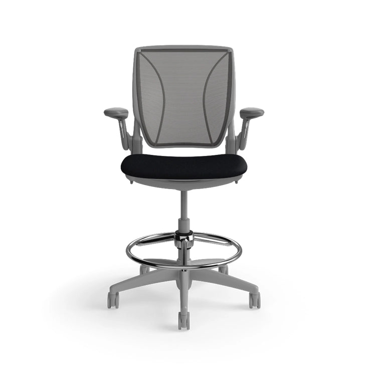 Humanscale World Stool with black mesh, gray frame, black fabric seat, front view. Kansas City Office Design