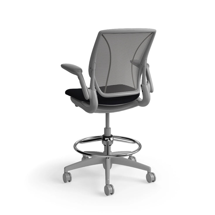 Humanscale World Stool with black mesh, gray frame, black fabric seat, back view. Kansas City Office Design