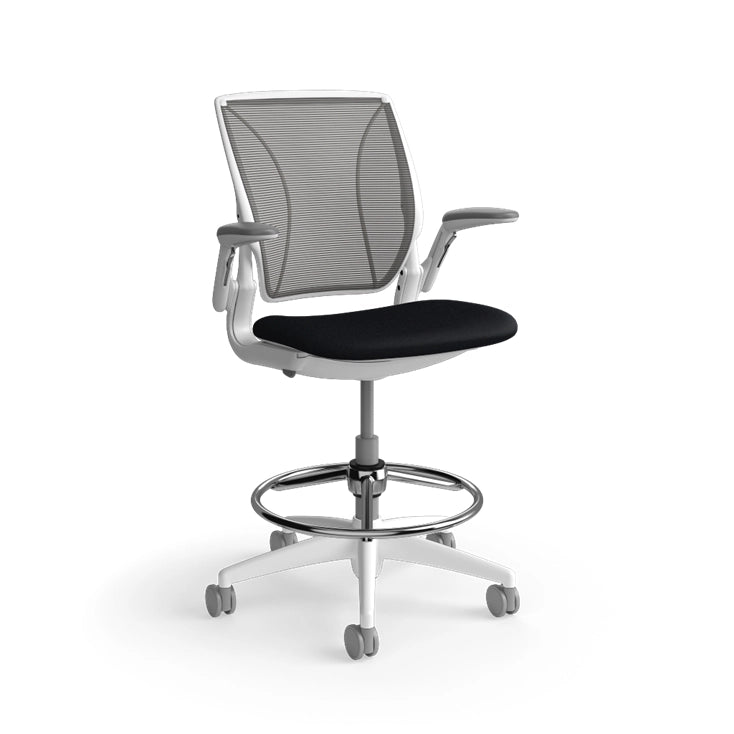 Humanscale World Stool with black mesh, white frame, black fabric seat, side view. Kansas City Office Design